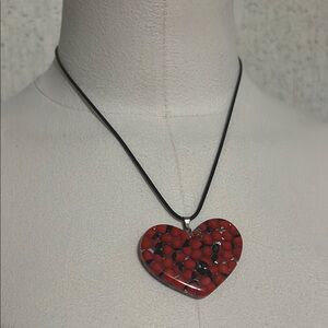 Red Heart Pendant Necklace with Black Cord